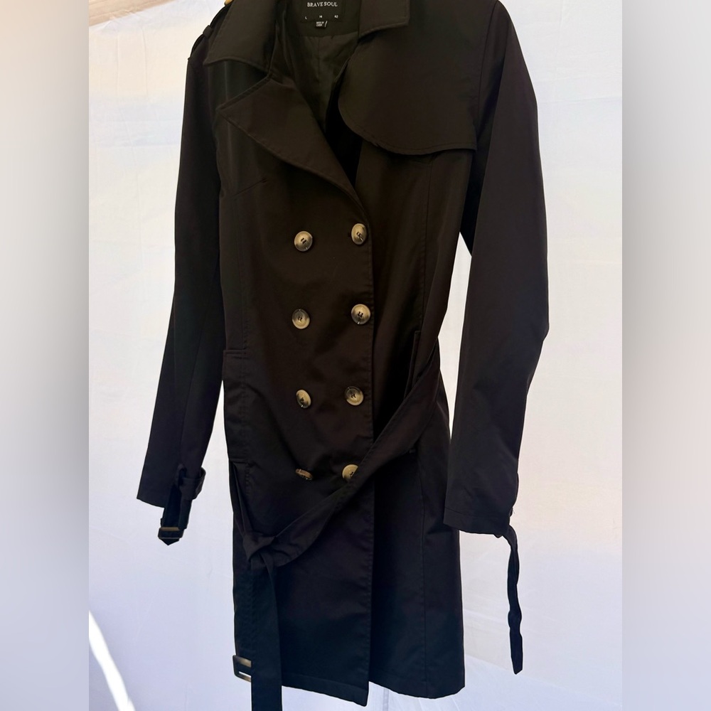 Brave Soul Black Double-Breasted Trench Coat, gentle used